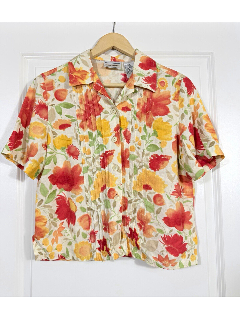 Vtg Napa Valley Floral Button-Up Blouse Rayon Linen S Cottagecore Coastal